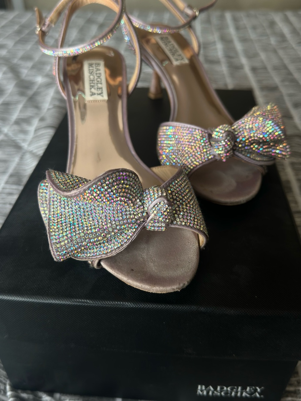 Badgley Mischka Rose-Tone Crystal Bow Ankle-Strap Heels